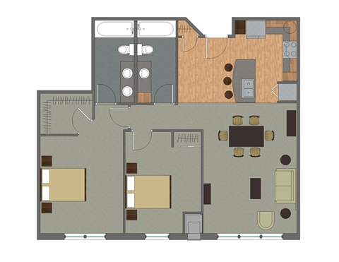 Floor plan for 2 beds, 2 baths, 1070 sqft